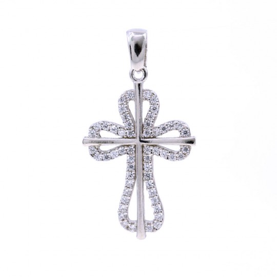 Cross pendant with crystals, 925 rhodium-plated silver, 24.5mm