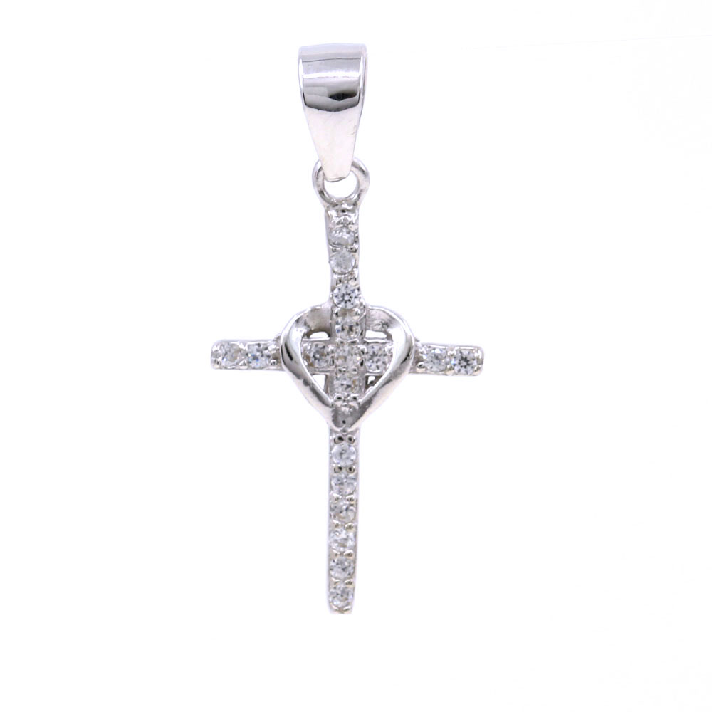 Cross pendant with heart and crystals, 925 rhodium-plated silver, 20mm