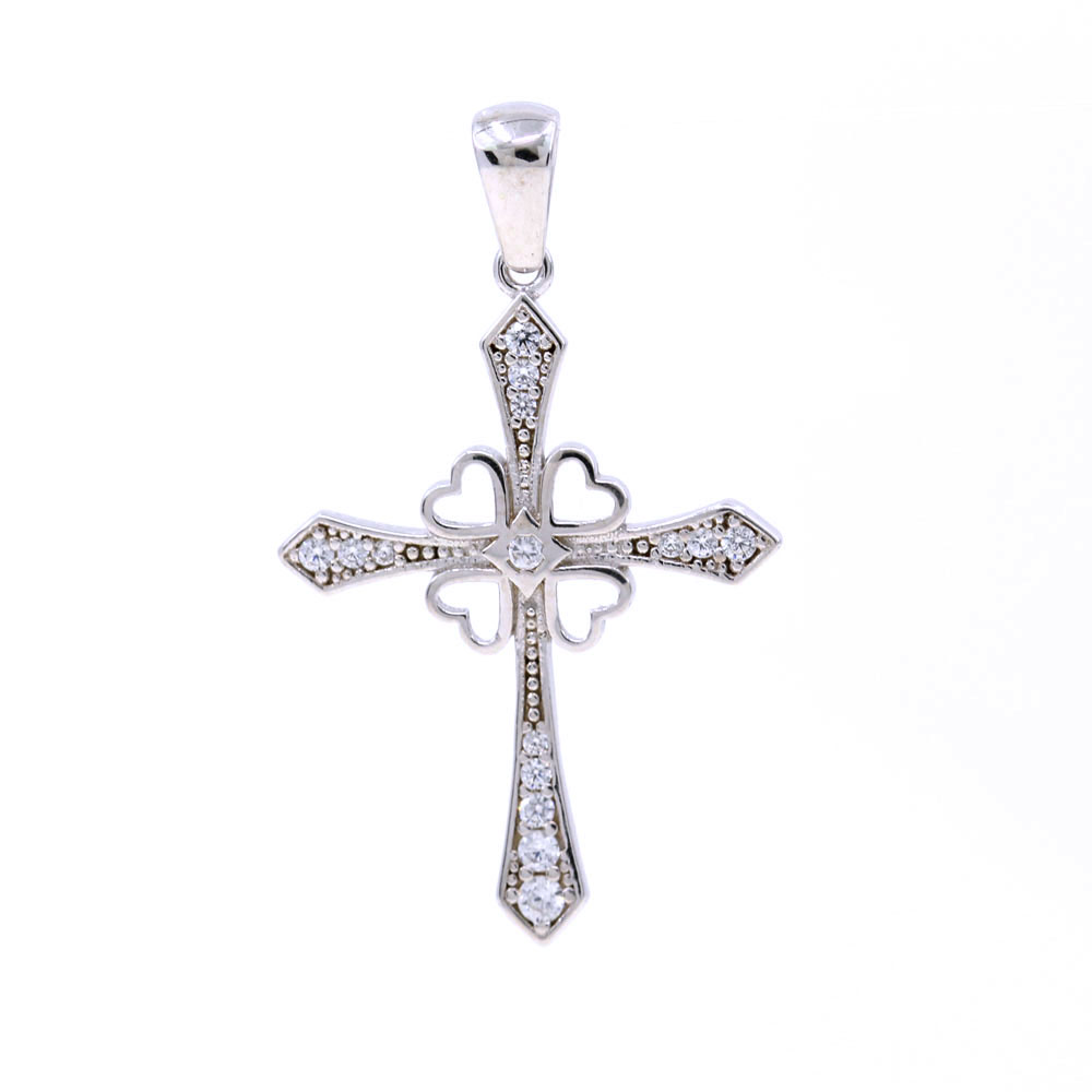 Cross pendant with clover and crystals, 925 rhodium-plated silver, 30mm