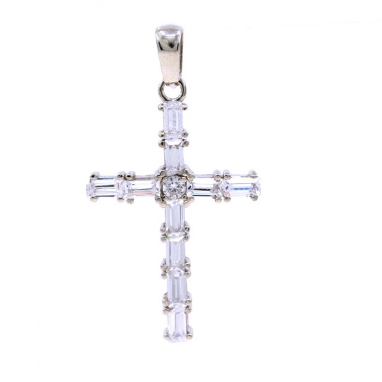 Cross pendant with crystals, 925 rhodium-plated silver, 29mm