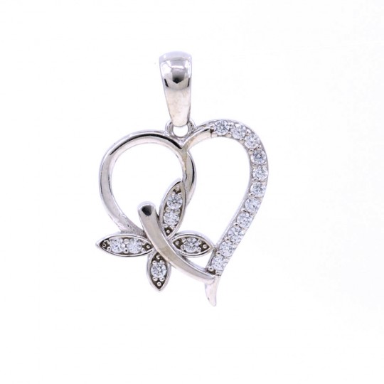 Heart pendant with butterfly and crystals, 925 rhodium-plated silver, 17mm