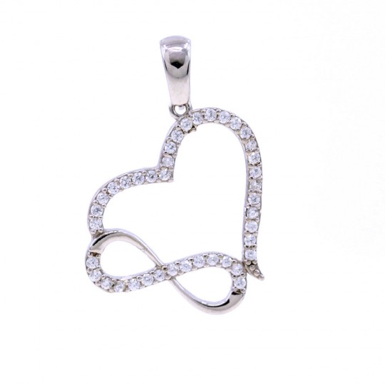 Heart pendant with infinity and crystals, 925 rhodium-plated silver, 18mm