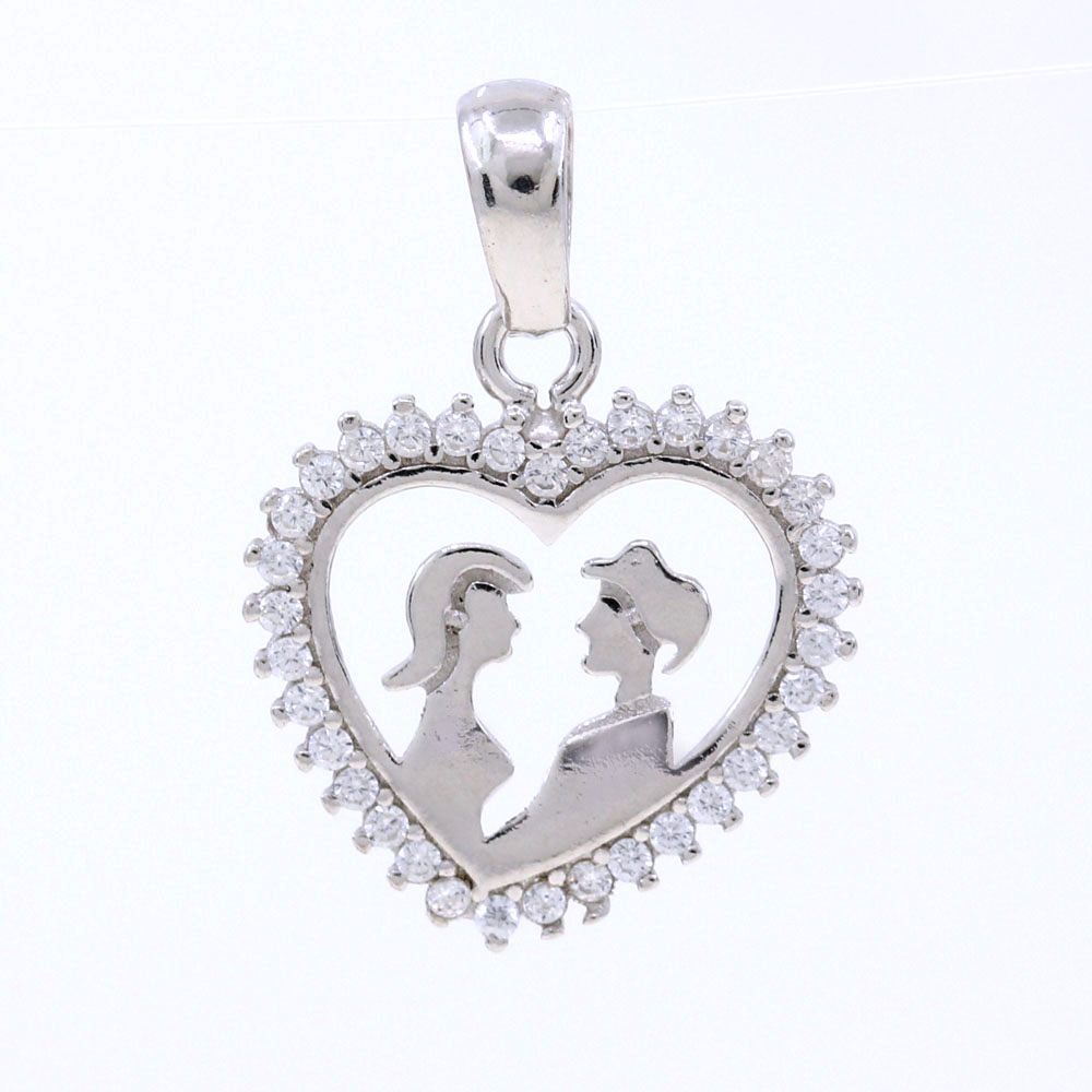 Heart pendant with lovers and crystals, 925 rhodium-plated silver, 17mm