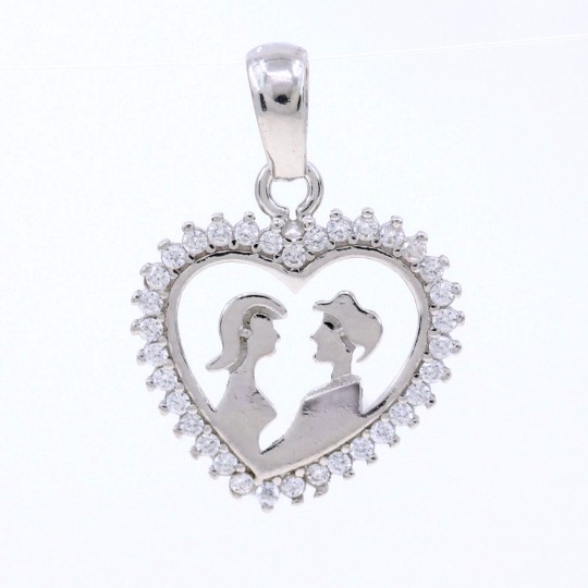 Heart pendant with lovers and crystals, 925 rhodium-plated silver, 17mm