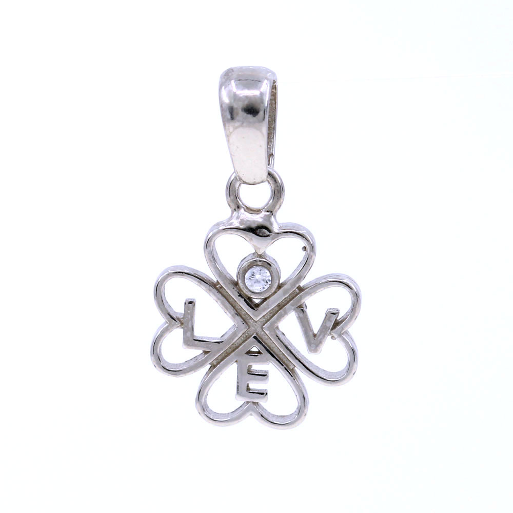 Love clover pendant with crystals, 925 rhodium-plated silver, 14mm