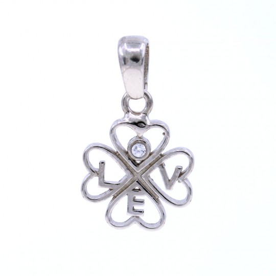 Love clover pendant with crystals, 925 rhodium-plated silver, 14mm