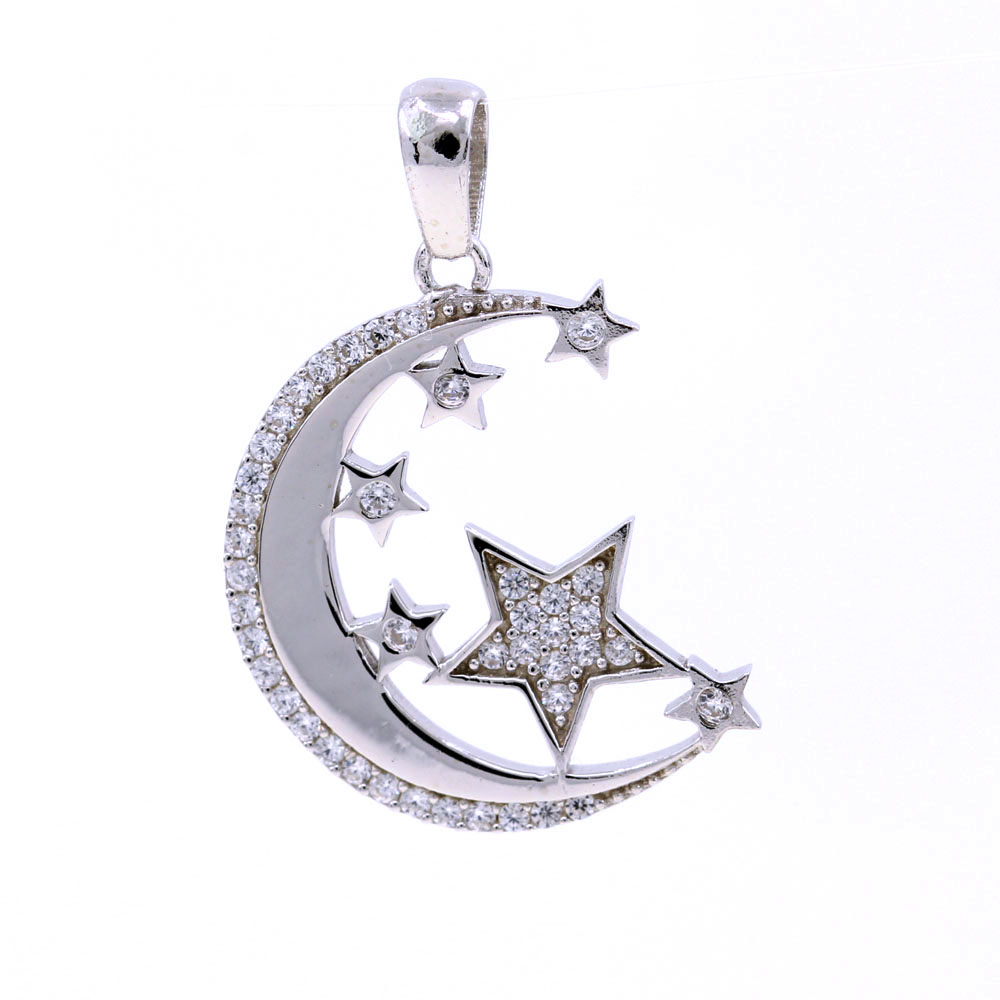 Crescent moon pendant with stars and crystals, 925 rhodium-plated silver, 22mm