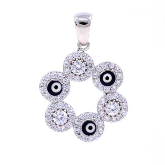 Flower pendant with Evil eye with crystals, 925 rhodium-plated silver, 19mm