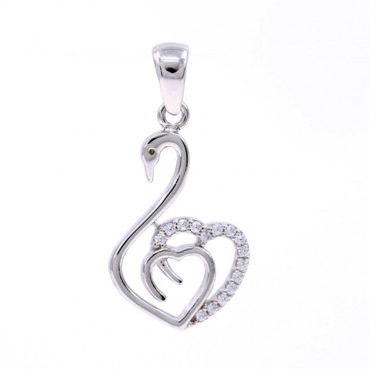 Swan pendant with hearts and crystals, 925 rhodium-plated silver, 22mm