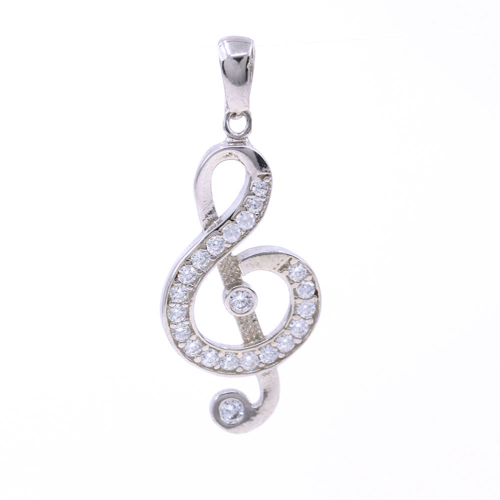 G-Key pendant with crystals, 925 rhodium-plated silver, 27mm