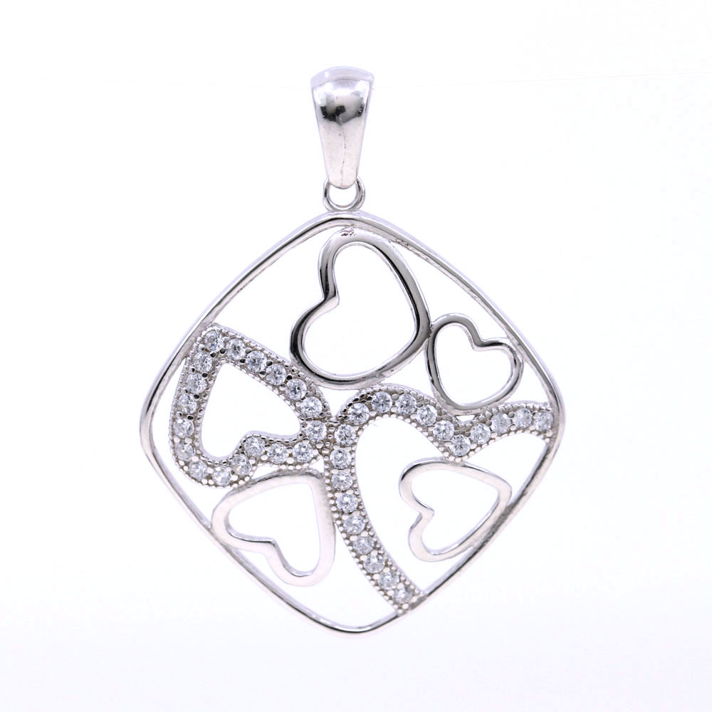 Rhombus pendant with Hearts and crystals, 925 rhodium-plated silver, 27mm