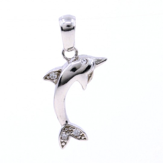 Dolphin pendant with crystals, 925 rhodium-plated silver, 19mm