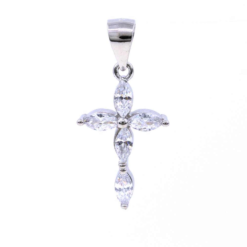 Cross pendant with crystals, 925 rhodium plated silver, 20mm