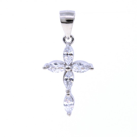 Cross pendant with crystals, 925 rhodium plated silver, 20mm