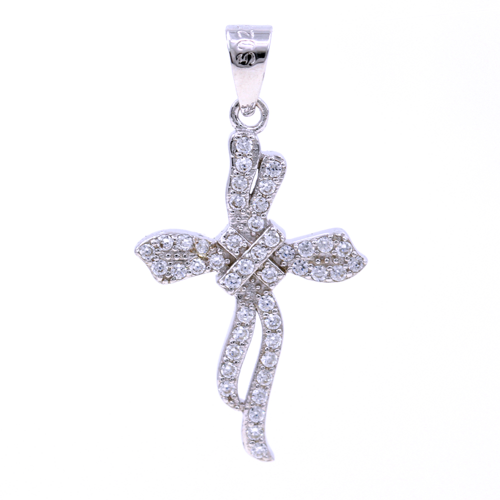 Cross pendant with crystals, 925 rhodium plated silver, 29mm