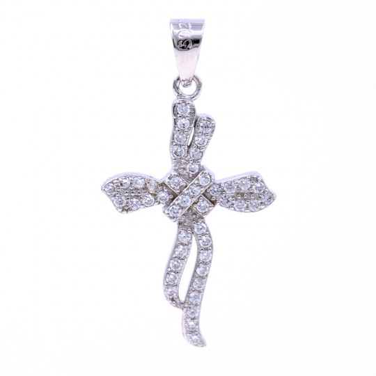 Cross pendant with crystals, 925 rhodium plated silver, 29mm