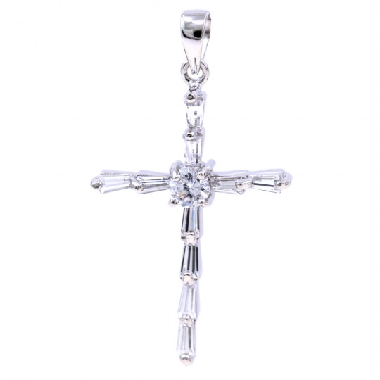 Cross pendant with crystals, 925 rhodium plated silver, 33mm