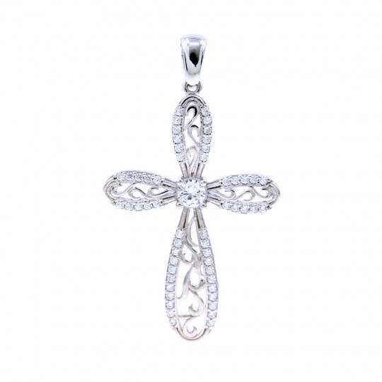 Cross pendant with crystals, 925 rhodium plated silver, 35mm