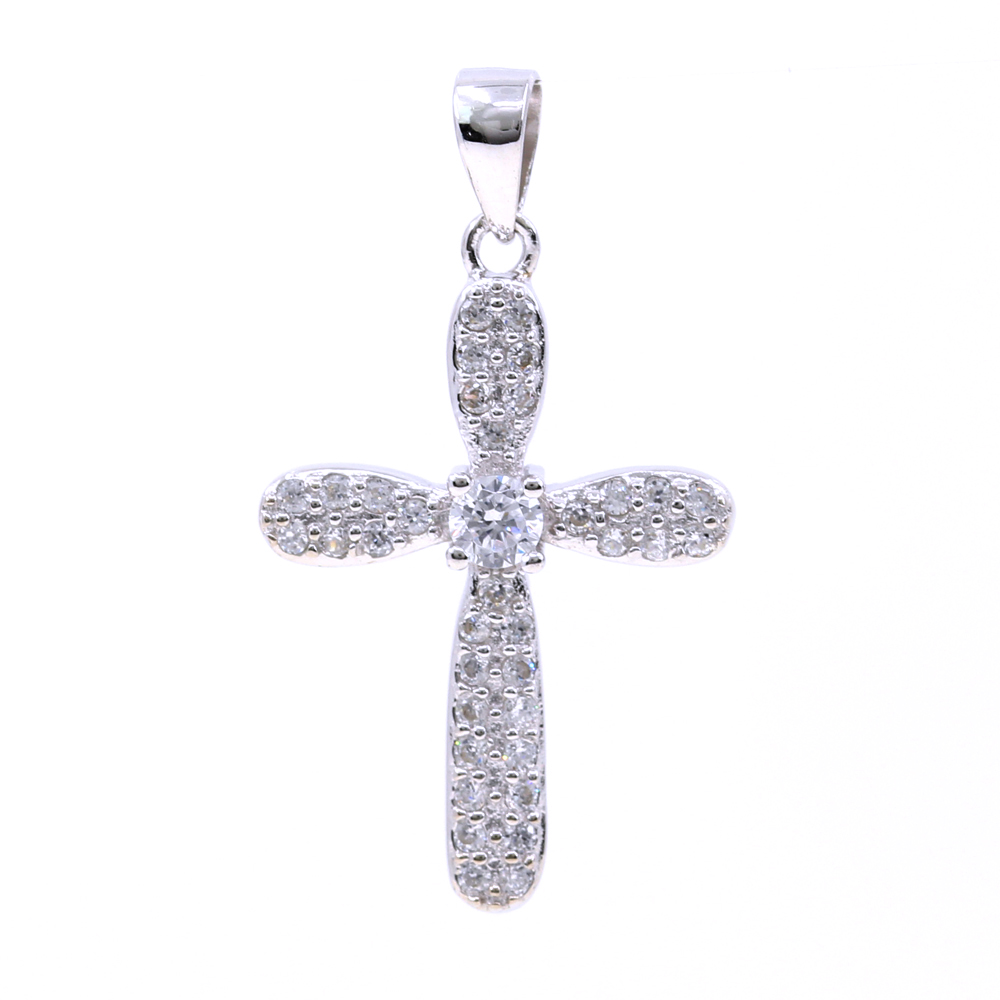 Cross pendant with crystals, 925 rhodium plated silver, 26mm