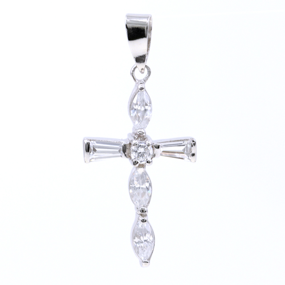 Cross pendant with crystals, 925 rhodium plated silver, 28mm