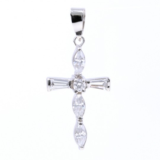 Cross pendant with crystals, 925 rhodium plated silver, 28mm