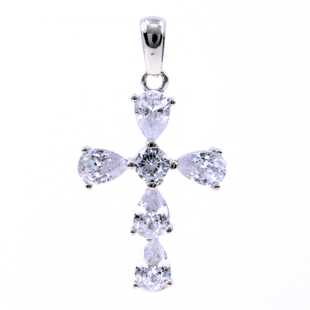 Cross pendant with crystals, 925 rhodium plated silver, 26mm