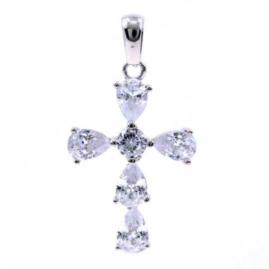 Cross pendant with crystals, 925 rhodium plated silver, 26mm