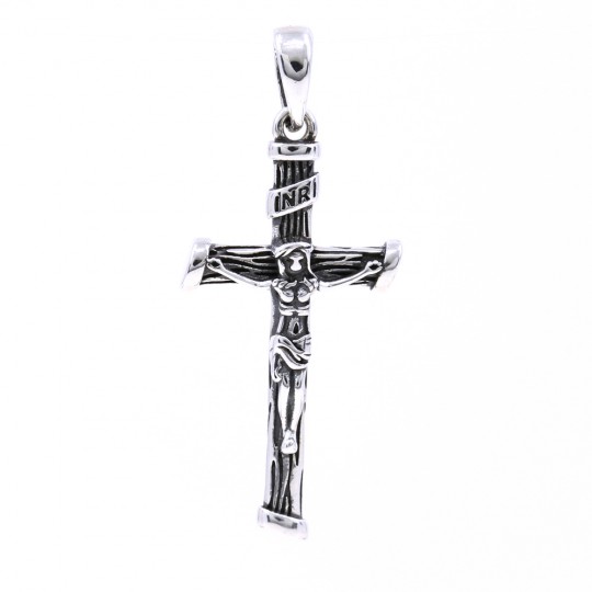 INRI cross pendant, 925 rhodium plated silver, 33mm