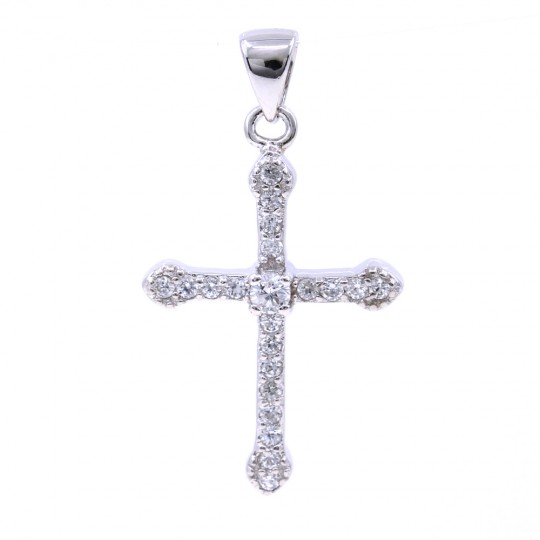 Cross pendant with crystals, 925 rhodium plated silver, 28mm