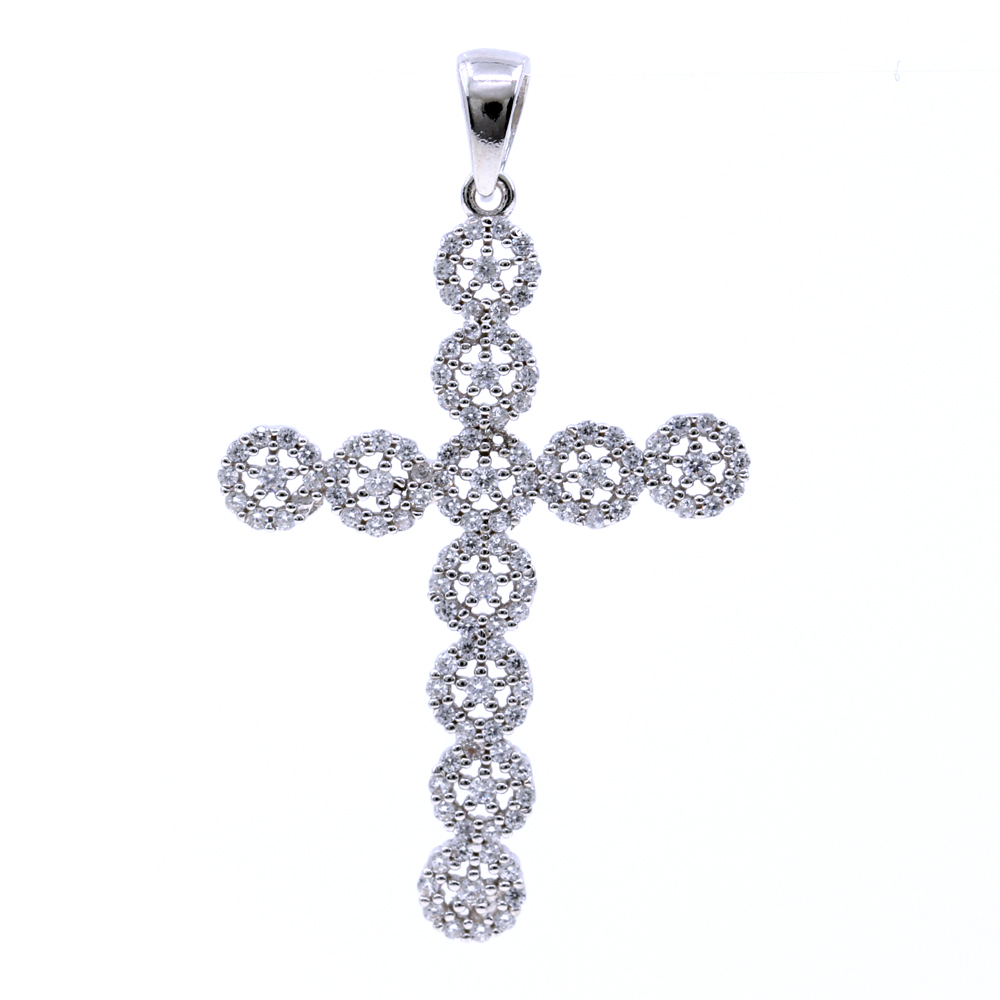 Cross pendant with crystals, 925 rhodium plated silver, 37mm