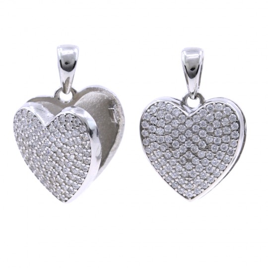 Heart pendant - box, with crystals, 925 rhodium-plated silver, 16mm