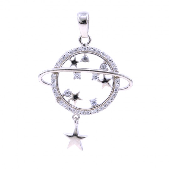 Planet pendant with stars and crystals, 925 rhodium-plated silver, 28mm