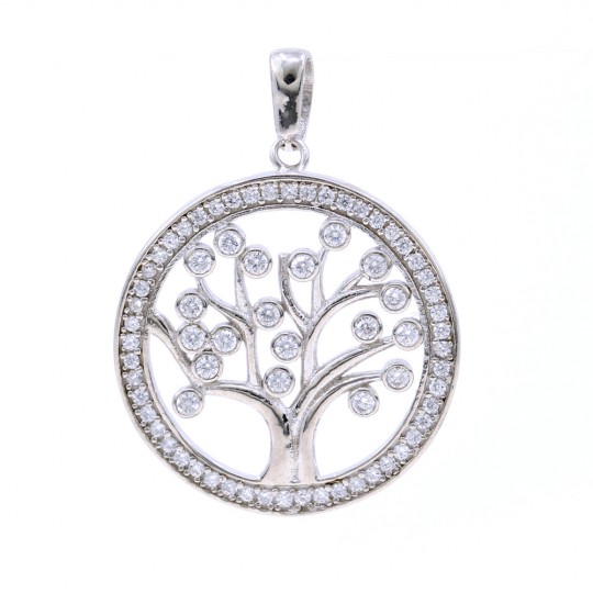 Tree of life pendant with crystals, 925 rhodium-plated silver, 25mm