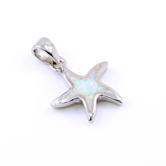 Starfish Pendant with White Opal, 925 Rhodium Plated Silver, 18.5mm