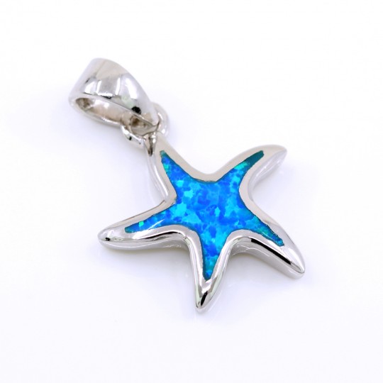 Starfish Pendant with Blue Opal, 925 Rhodium Plated Silver, 18.5mm