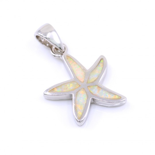 Starfish Pendant with White Opal, 925 Rhodium Plated Silver, 19.5mm