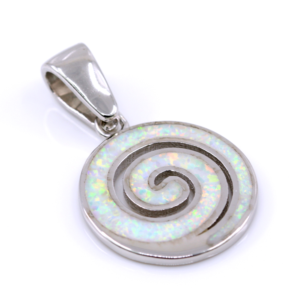 Spiral Pendant with White Opal, 925 Rhodium Plated Silver, 20mm