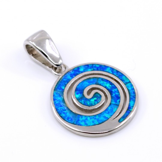 Spiral Pendant with Blue Opal, 925 Rhodium Plated Silver, 20mm