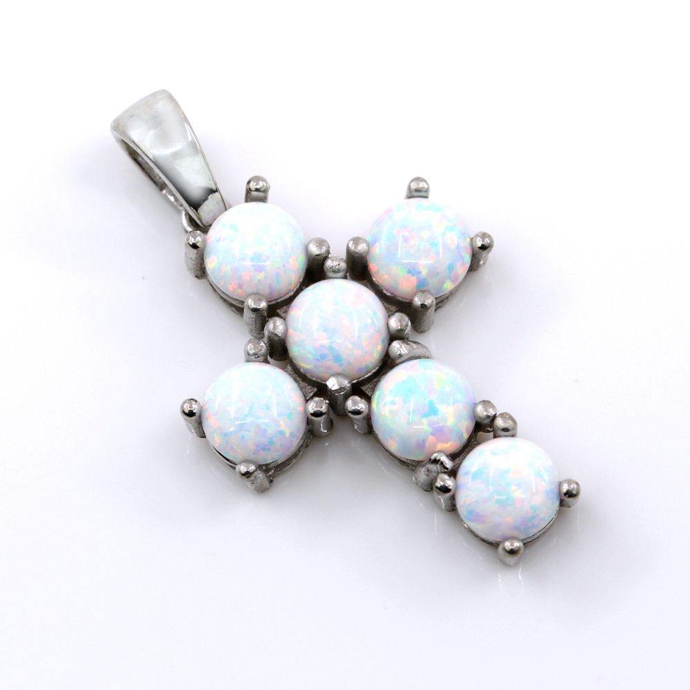 Cross Pendant with White Opal, 925 Rhodium Plated Silver, 23.5mm