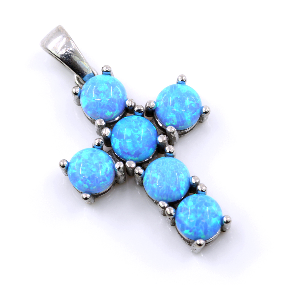 Cross Pendant with Azure Opal, 925 Rhodium Plated Silver, 23.5mm