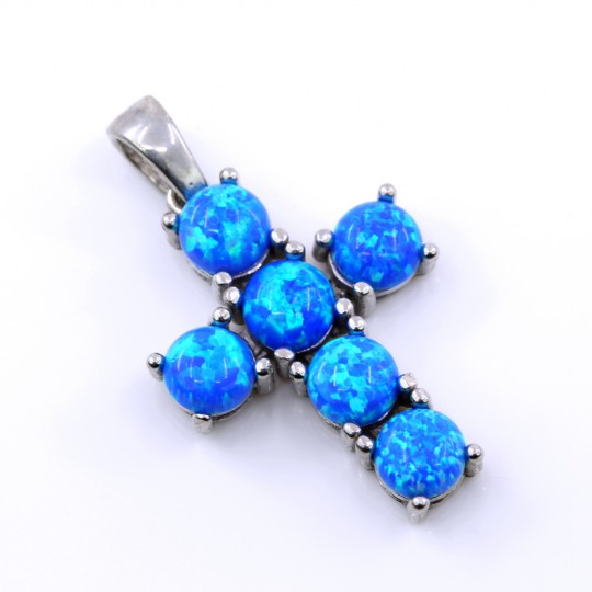 Cross Pendant with Blue Opal, 925 rhodium-plated silver, 23.5mm