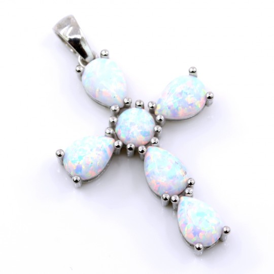 Cross Pendant with White Opal, 925 rhodium-plated silver, 30mm