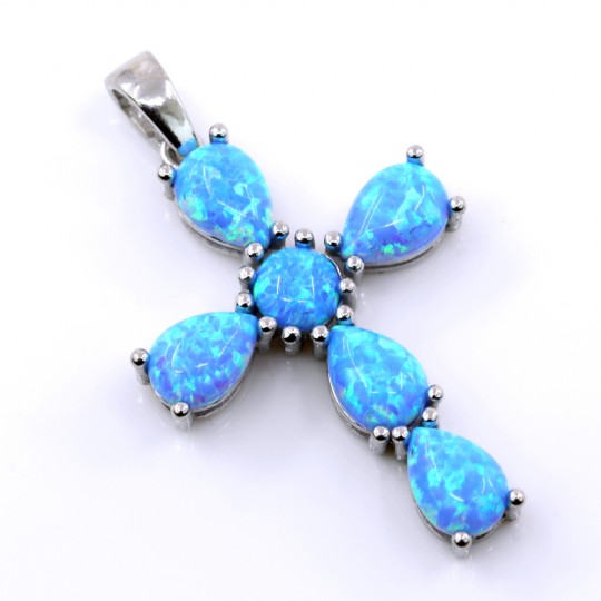 Cross Pendant with Azure Opal, 925 rhodium-plated silver, 30mm