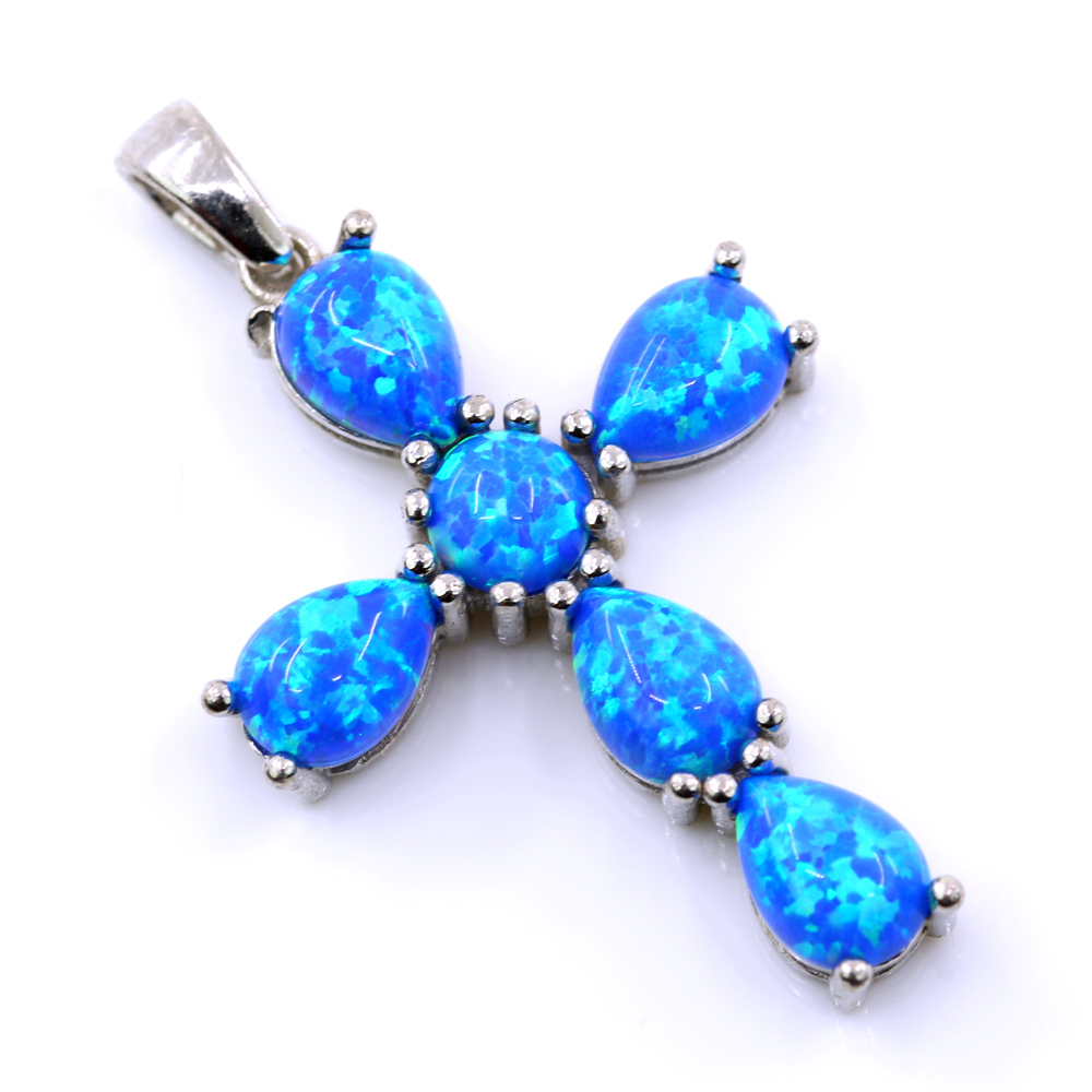 Cross Pendant with Blue Opal, 925 rhodium-plated silver, 30mm