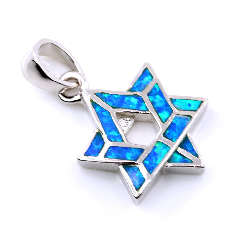 Star of David Pendant with Blue Opal, 925 rhodium-plated silver, 20mm