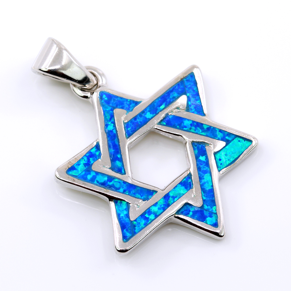 Star of David Pendant with Blue Opal, 925 rhodium-plated silver, 29mm