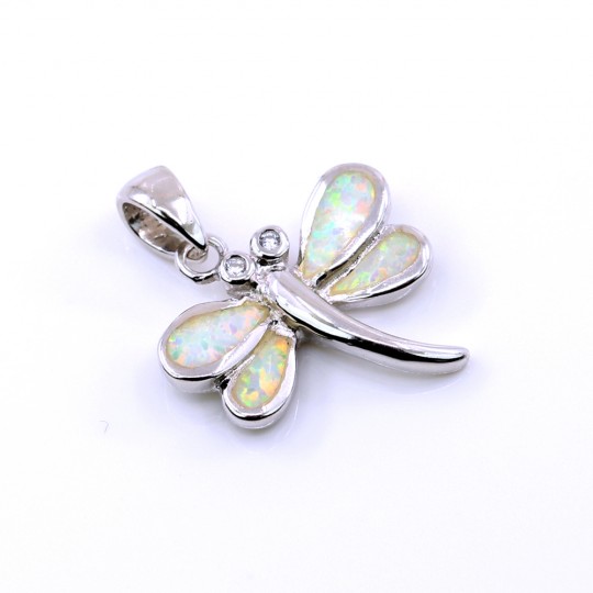 Dragonfly Pendant with White Opal, 925 rhodium-plated silver, 18mm