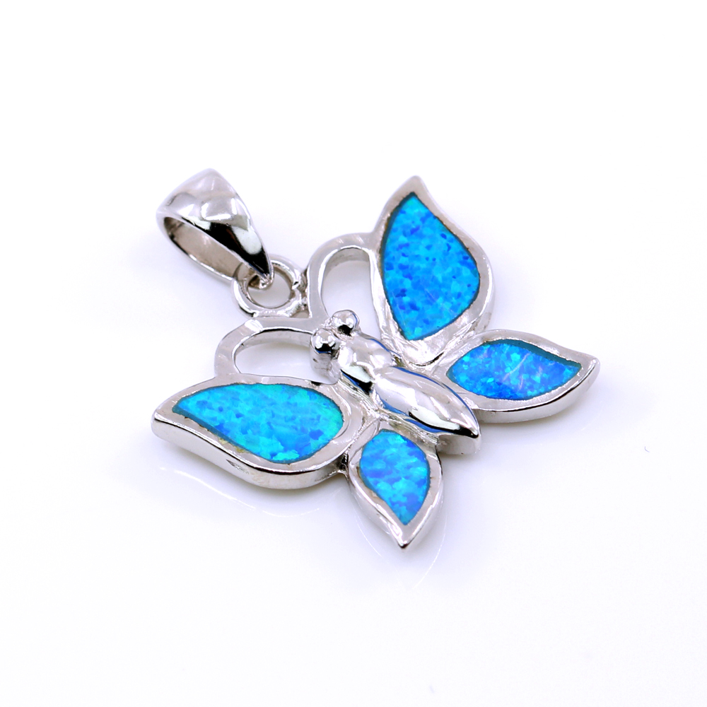 Butterfly Pendant with Blue Opal, 925 rhodium-plated silver, 18mm