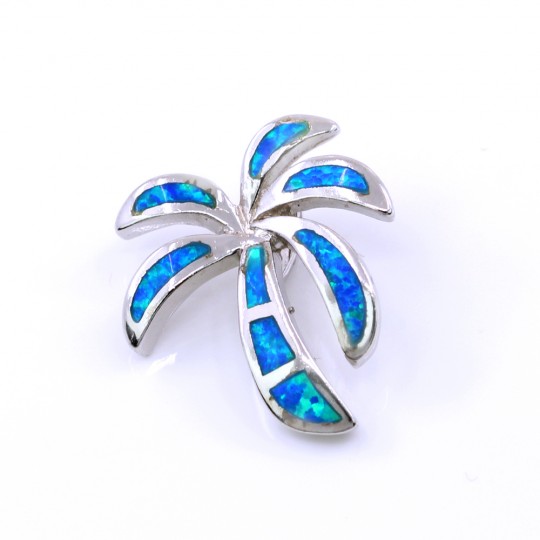 Palm Tree Pendant with Blue Opal, 925 rhodium-plated silver, 20mm