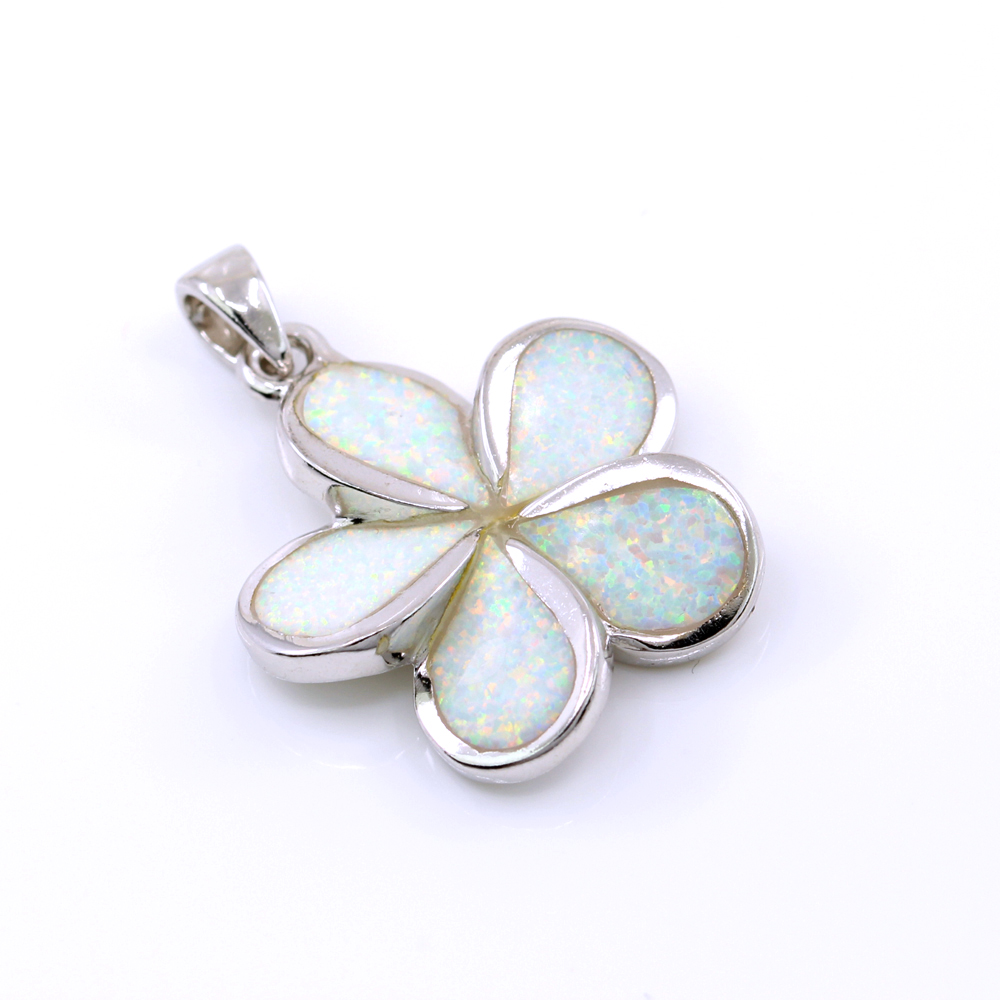 Flower Pendant with White Opal, 925 rhodium-plated silver, 27mm